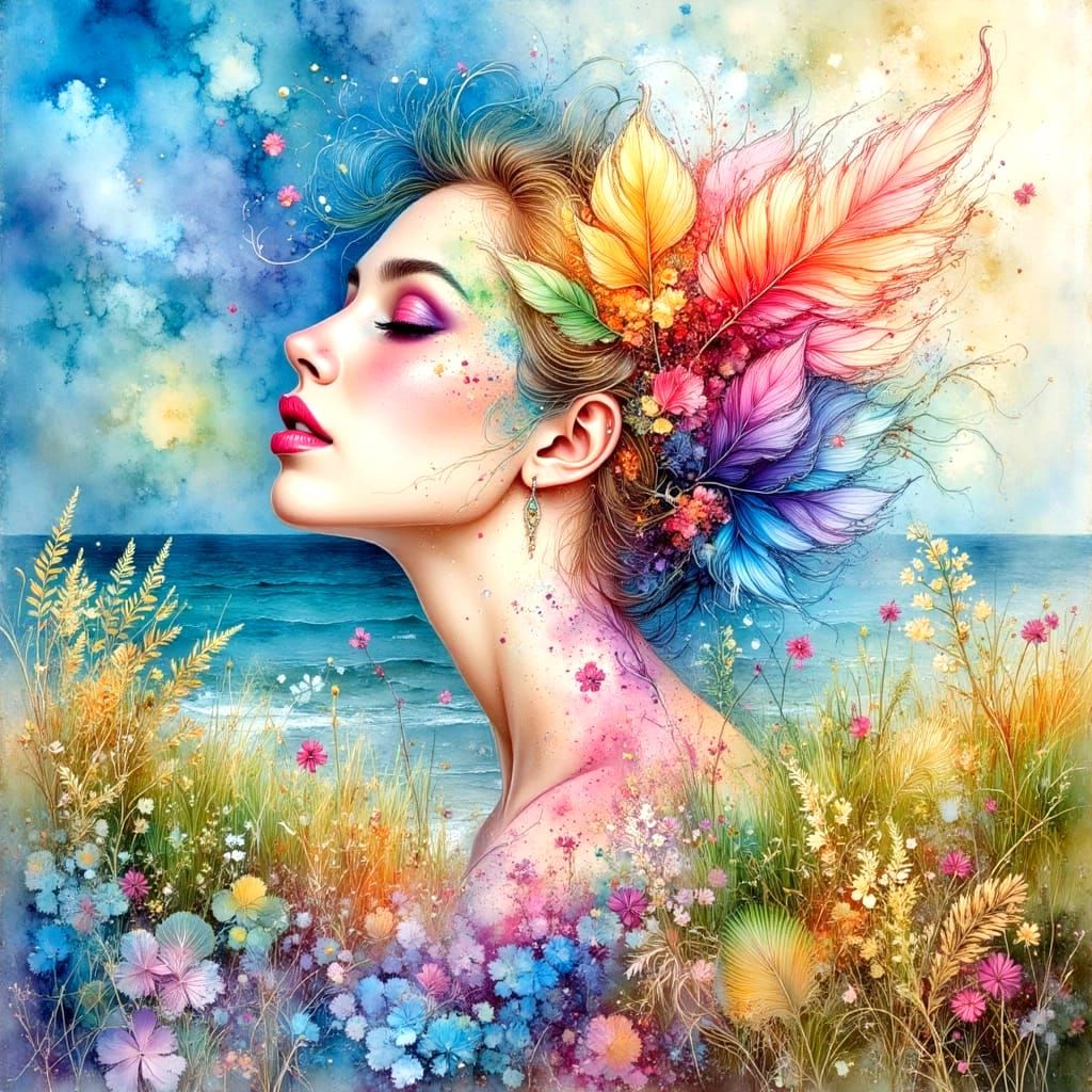 Colorful Watercolor Portrait with Feathers and Ferns