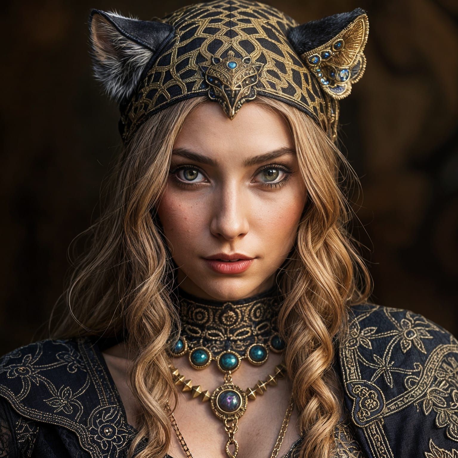 Hyperrealistic Woman Dressed as Panther in Detailed Setting