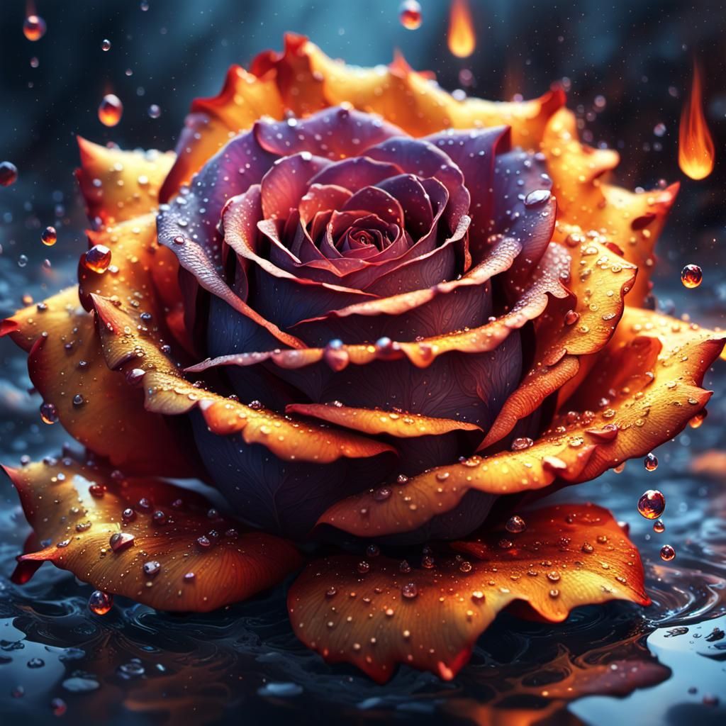 Burning Rose with Water Droplets: Digital Matte Painting