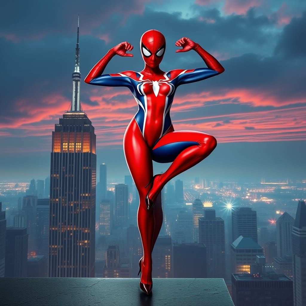 Heroic Spider Woman Posing in Vibrant Cityscape