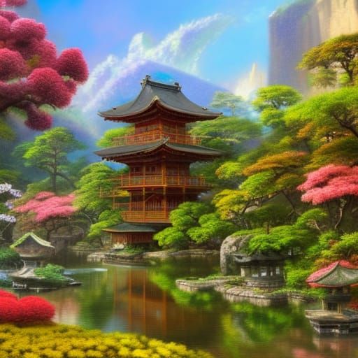 Japanese Tea Garden Pagoda Oil Painting