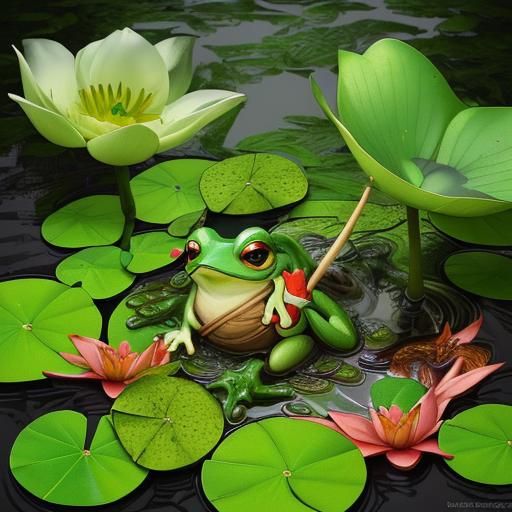 kappa yokai smoking pipe along side of frog on lily pad lilies blooming fall red maple trees primordial swamp