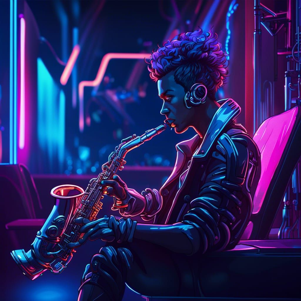Cyberpunk Saxophonist in Fantasy Sci-Fi Club