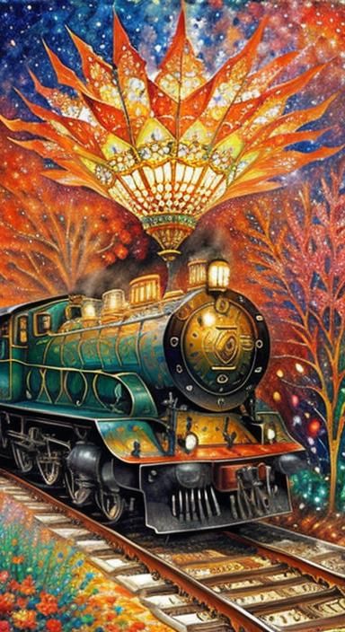 Enchanted Train on Crystal Tracks in Klimt Style