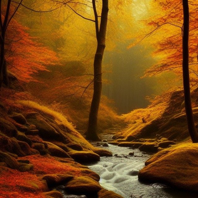 Autumn Forest Stream in Magic Realism Style