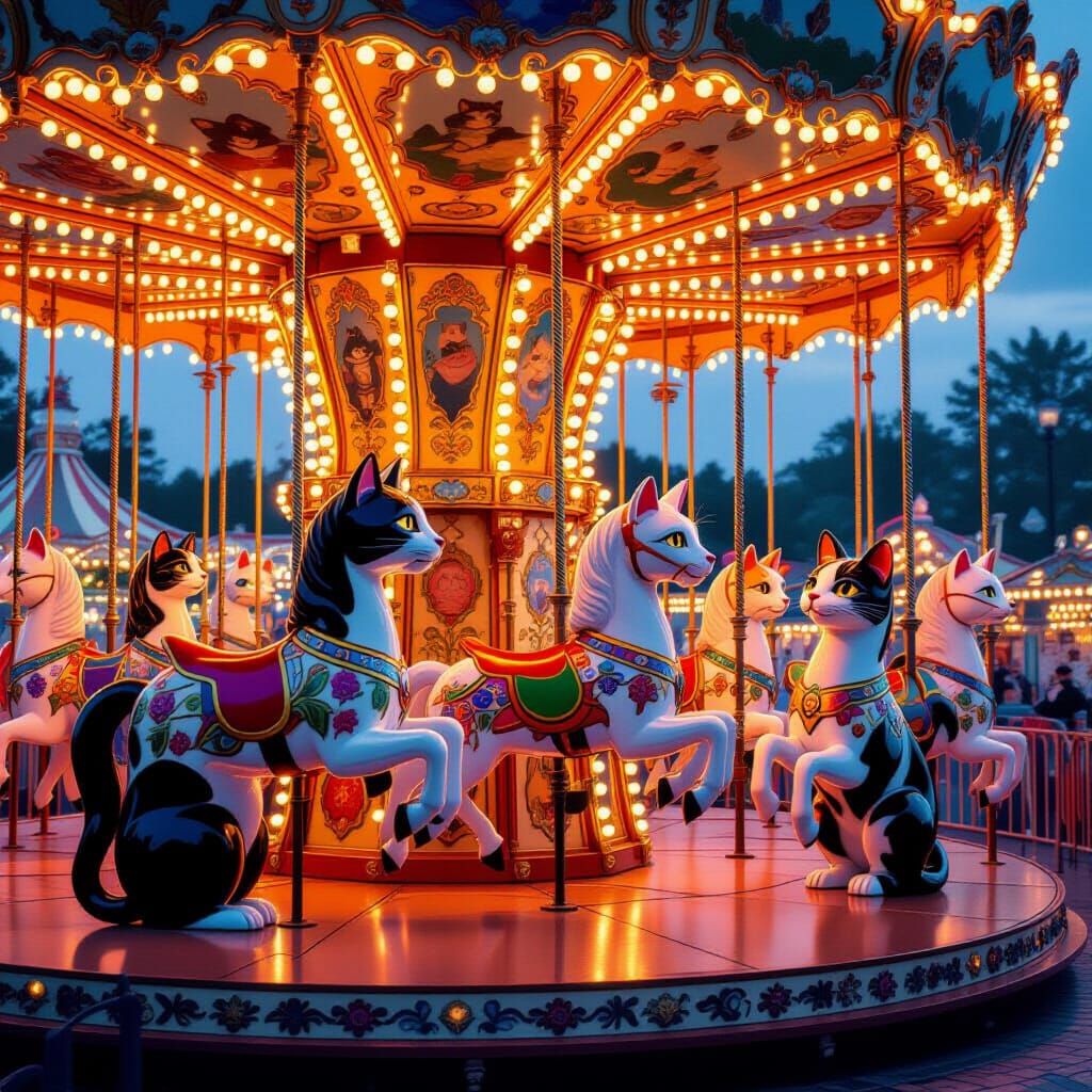 Whimsical Cat Carousel at Twilight Fairground