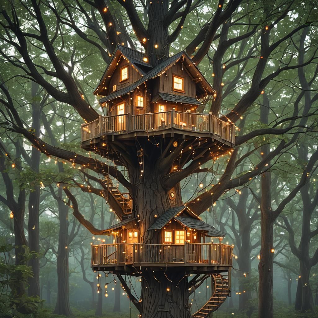 Enchanted Treehouse Aglow with Warm Lights