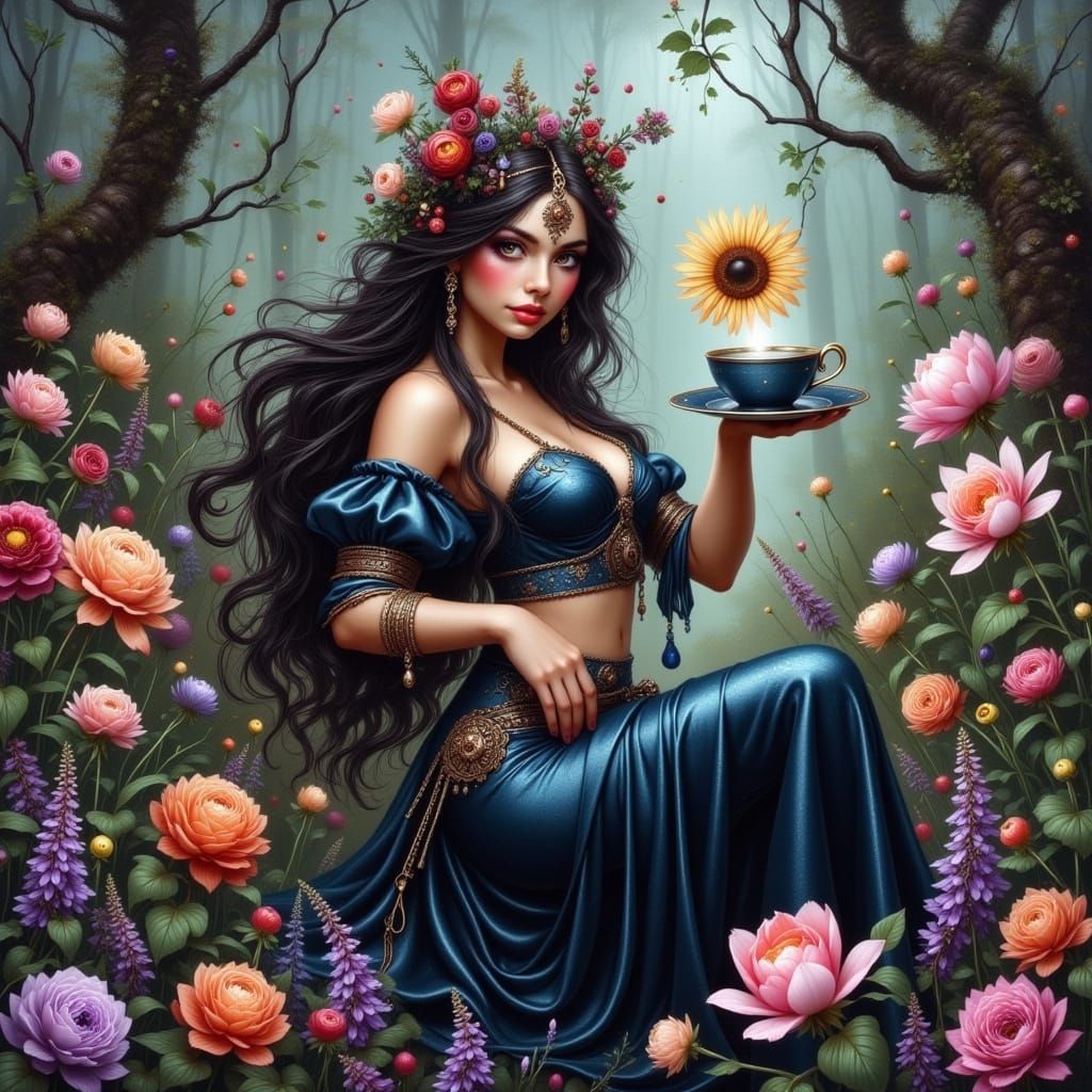 Vintage Pinup Girl With Teacup in Fantasy Art Style