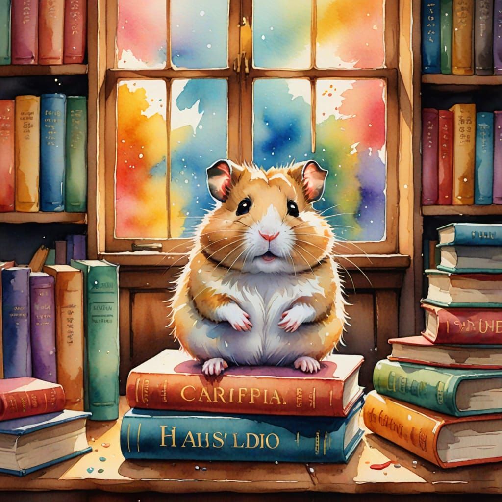 Whimsical Watercolor Hamster in Cozy Library