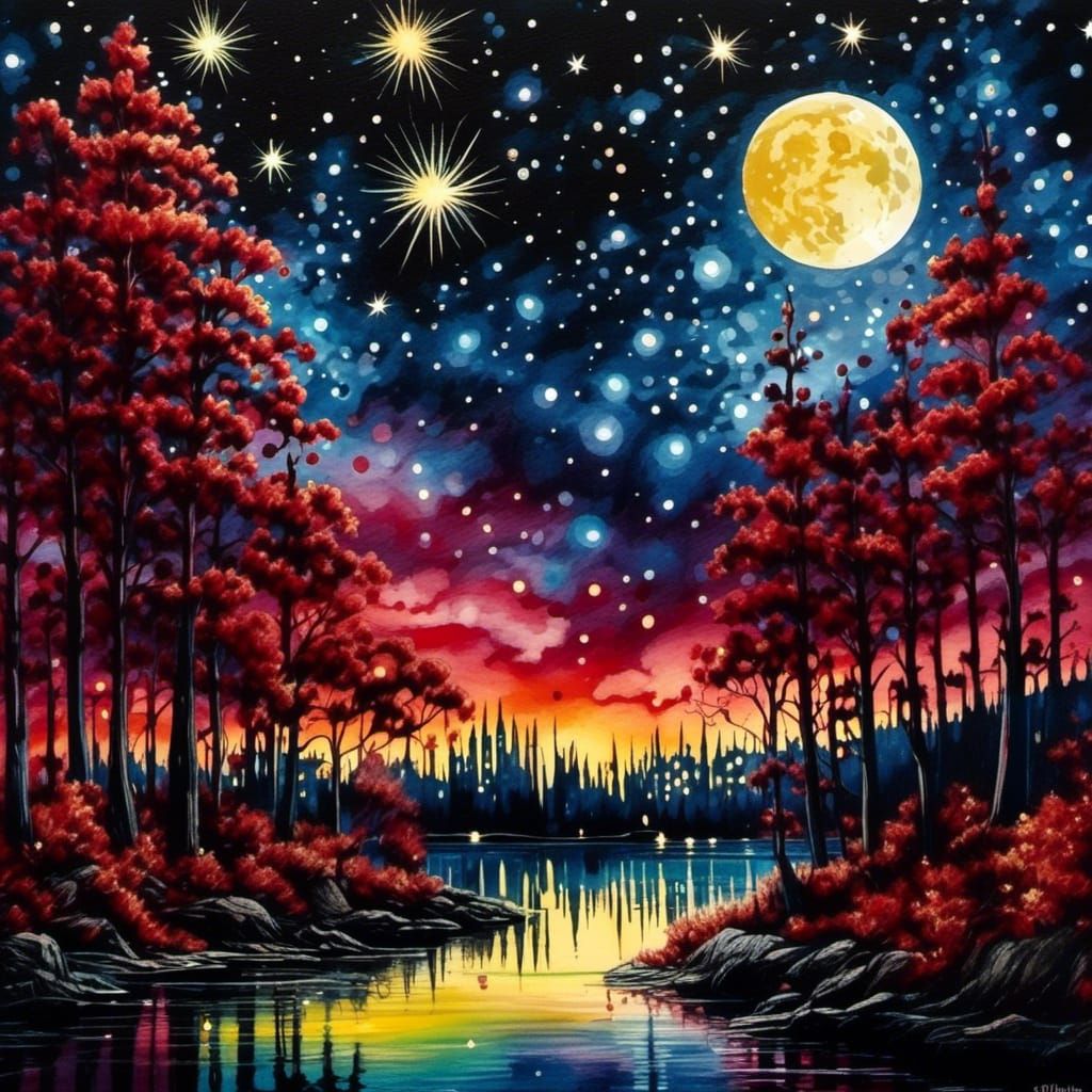 Gothic Starry Night Forest in Watercolor Style