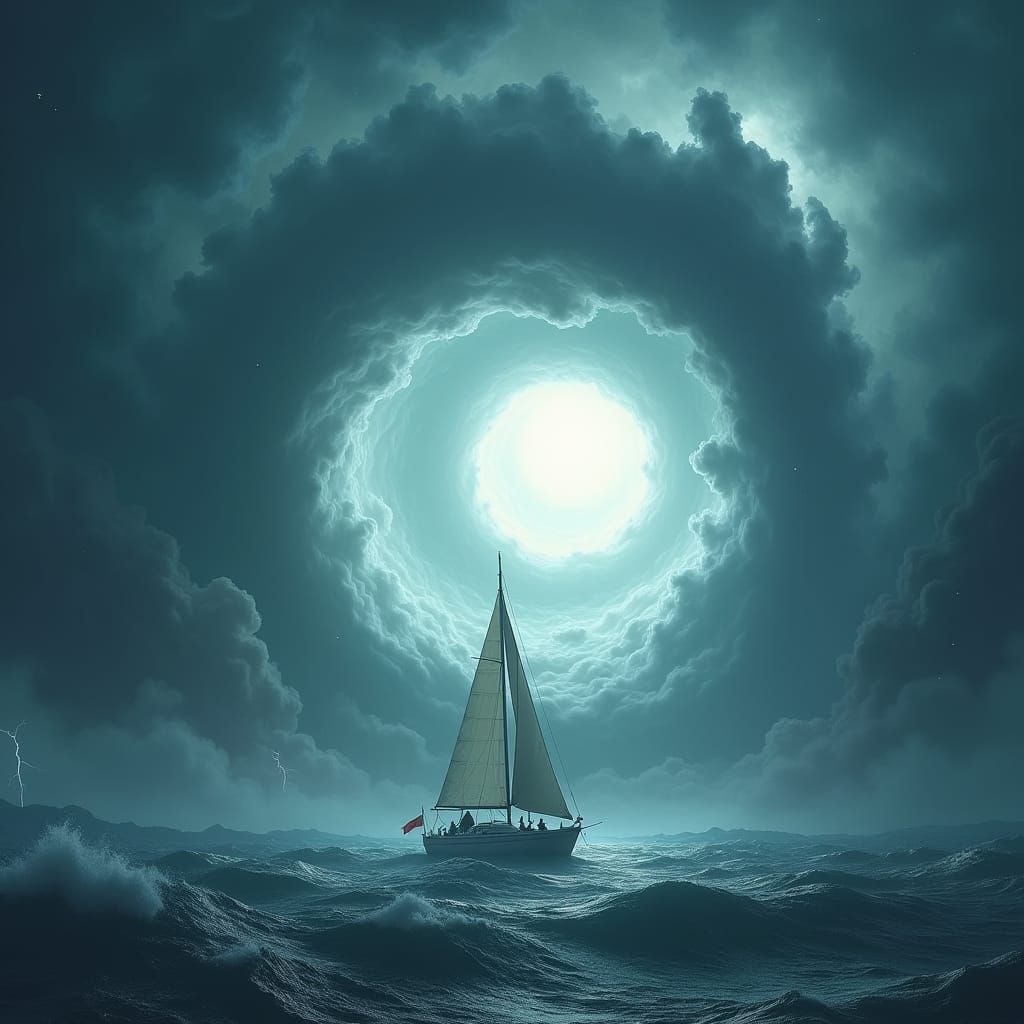 Sailboat in Hurricane Eye: Futuristic Digital Art
