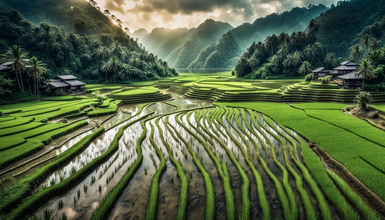 Fantasy Rice Paddy Valley in Hyperrealistic Style