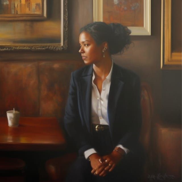 Girl in Coffee Shop with Hyper-Realistic Textures