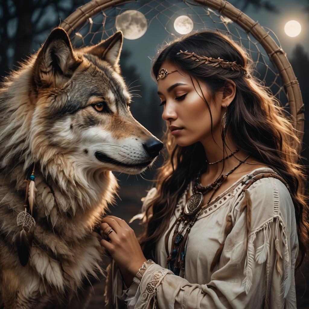 Native American Girl and Wolf in Dreamcatcher Style
