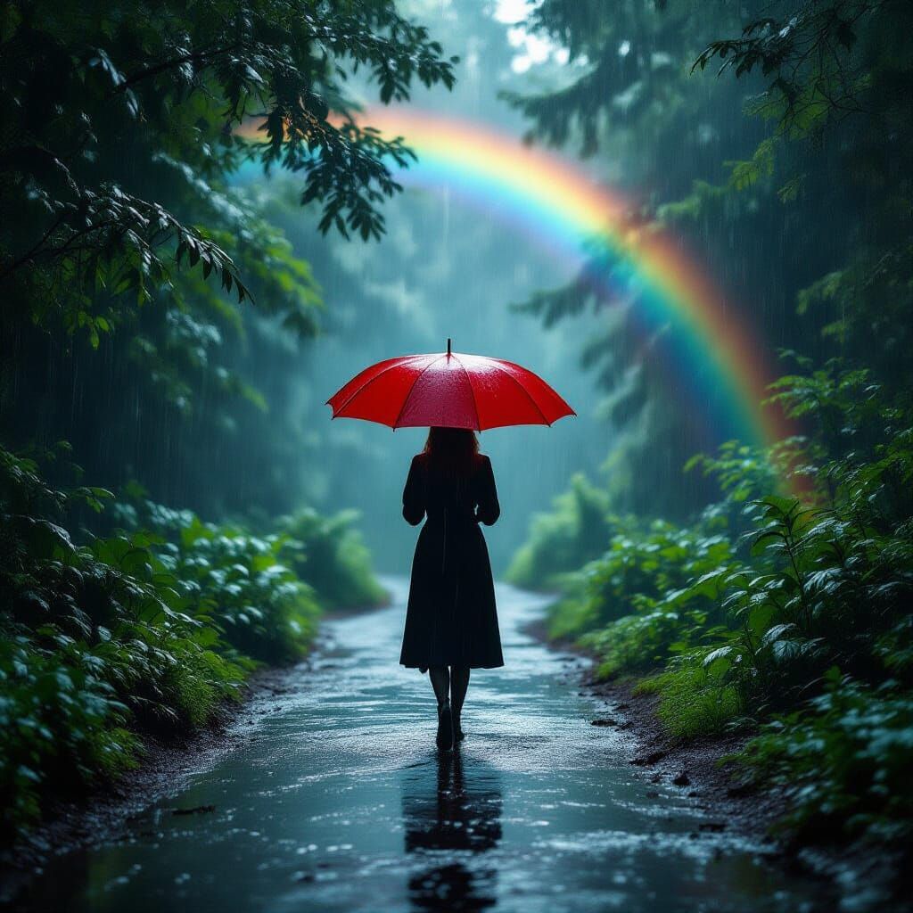 Woman in Black with Red Umbrella in Rainy Forest