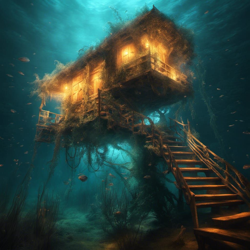 Underwater Bioluminescent Treehouse with Nautical Design