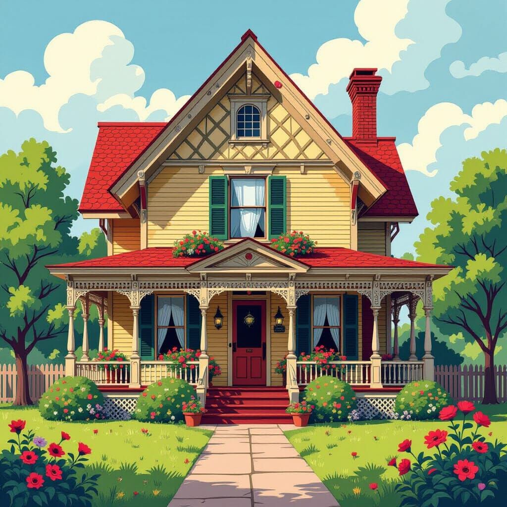 Floral Old Home in Cubist Art Deco Style