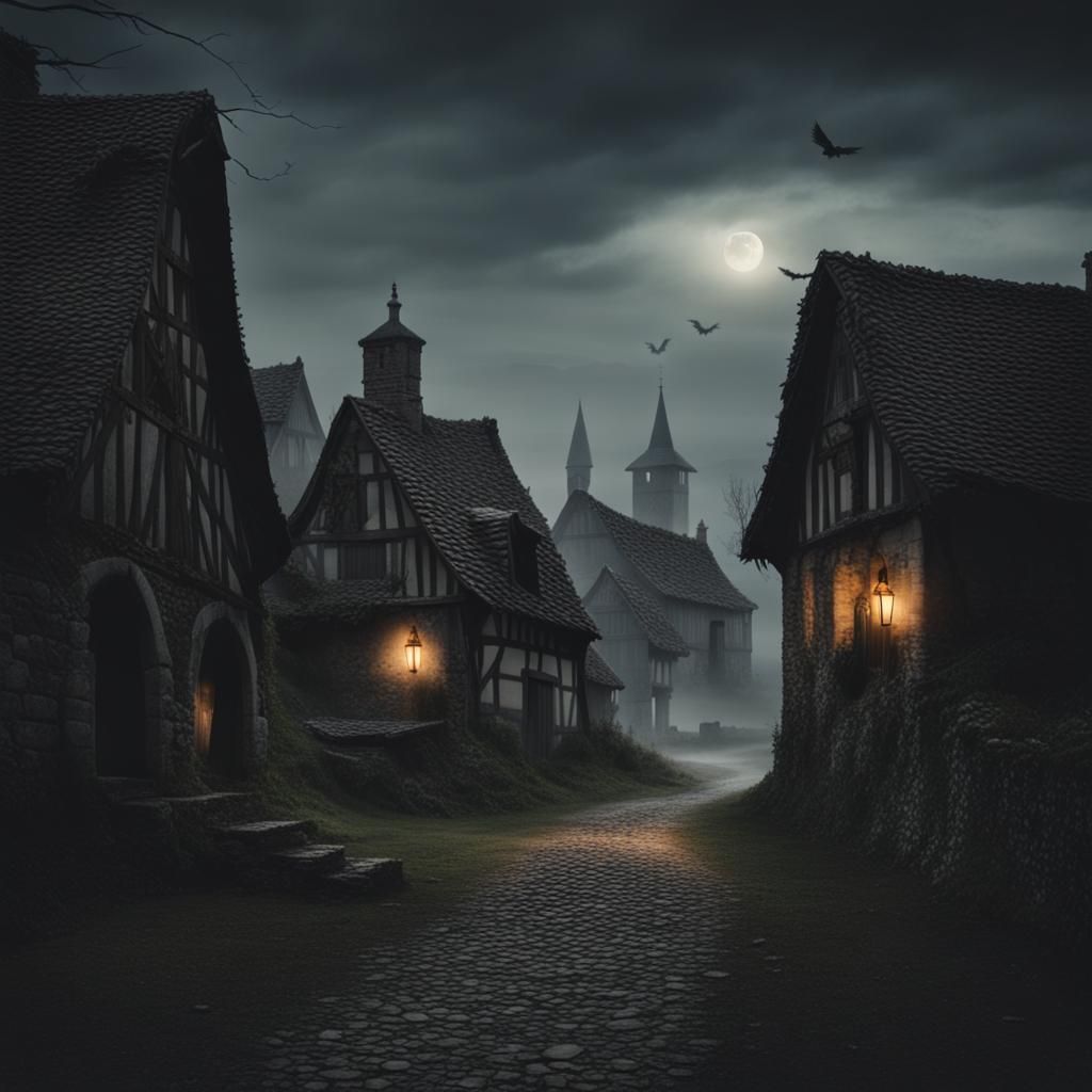 Eerie Ghostly Village in Dark Medieval Countryside