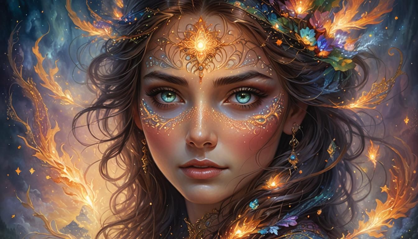 Ethereal Portrait with Glowing Eyes and Intricate Light Patt...