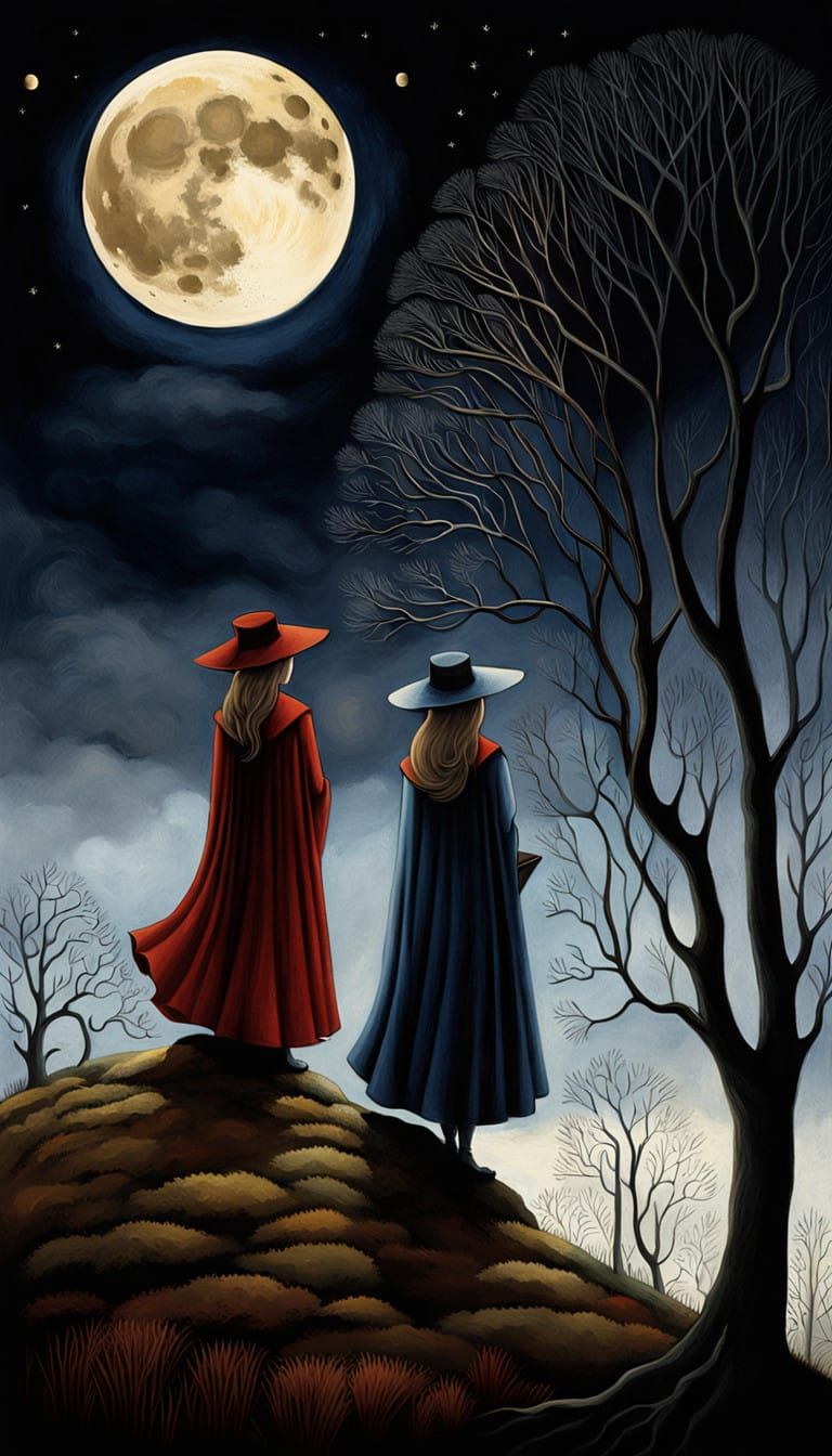 Surreal Night Scene with Mysterious Women and Moonlit Bell T...