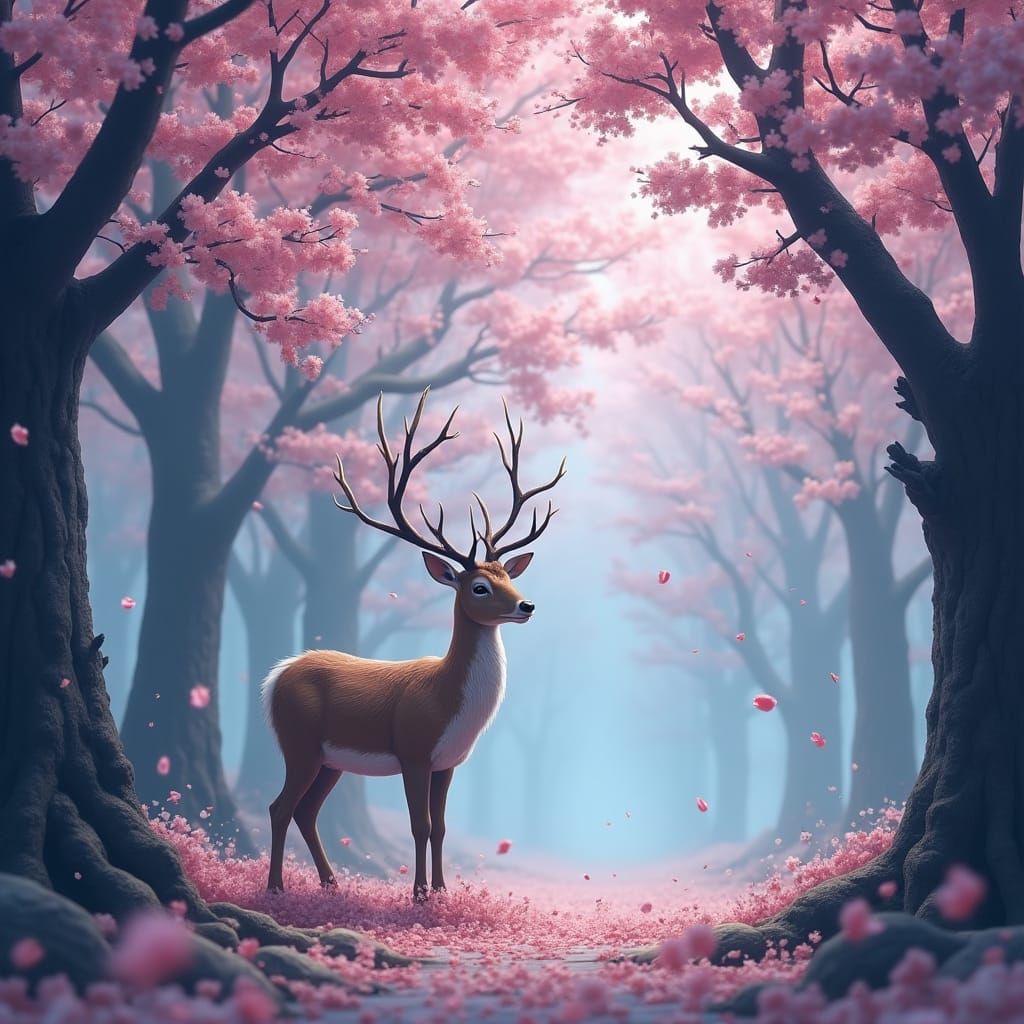 Deer in Cherry Blossom Forest: Matte Painting Aesthetic