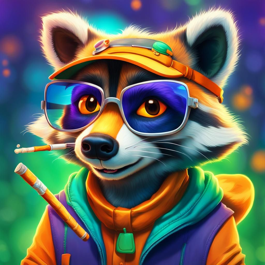 Humorous and exaggerated raccoon smoking pot, caricature, fu...