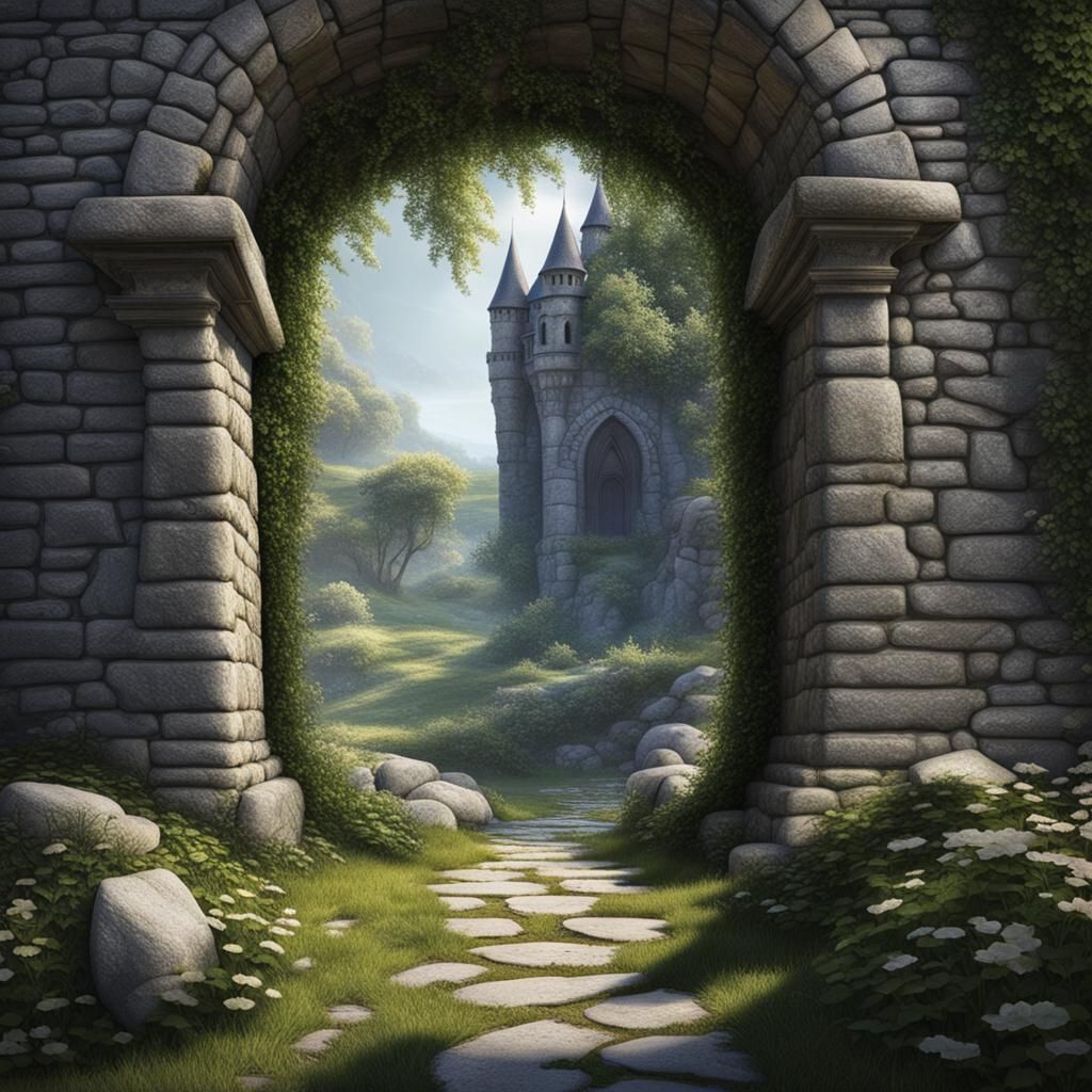 Fairy Castle Through Stone Archway Portal