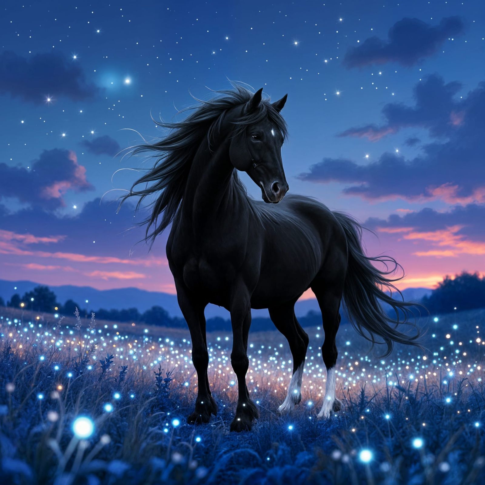 Majestic White Stallion in Magical Bioluminescent Field