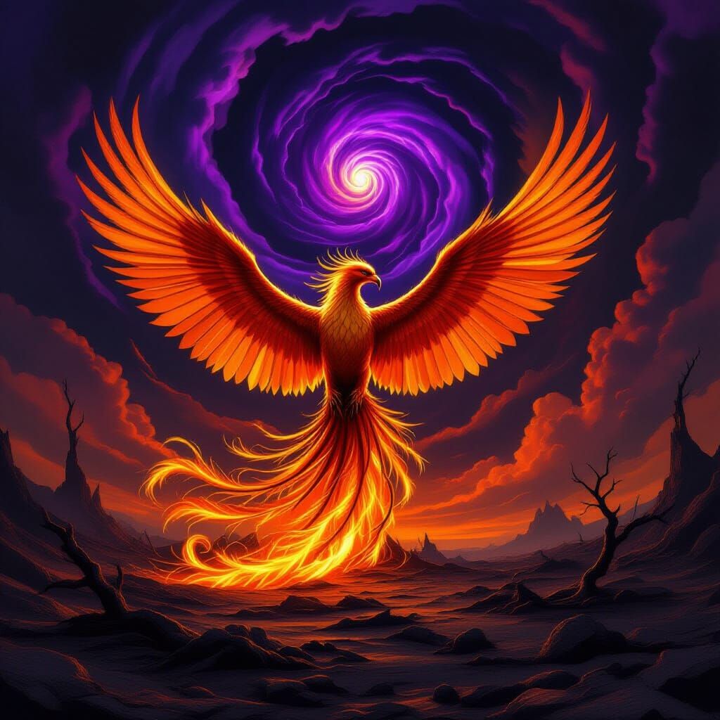 Majestic Phoenix Rises From Ash in Dramatic Fantasy Art Styl...