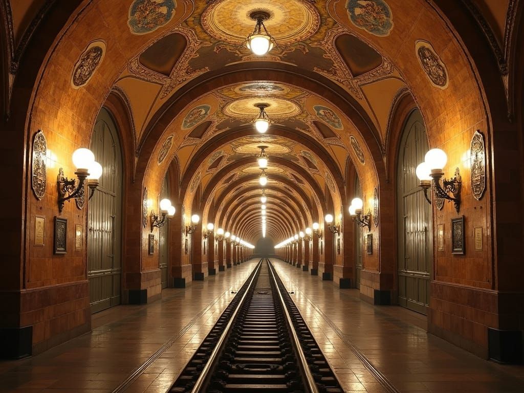 Majestic Moscow Metro Arcade Tunnel with Brown Marble and Ch...