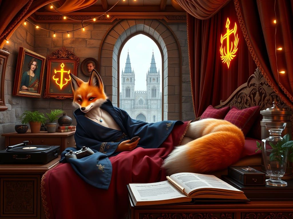Anthropomorphic Fox Prince in Opulent Royal Bedroom