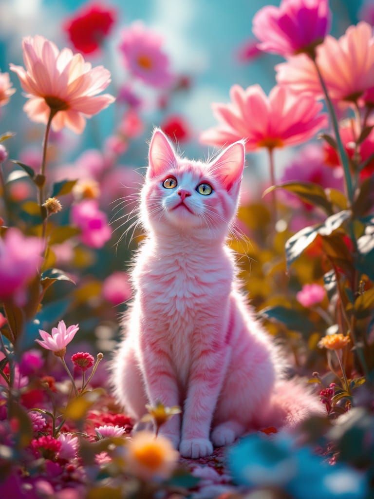 Whimsical Cat Amidst Blooming Flowers in Vibrant Storybook S...