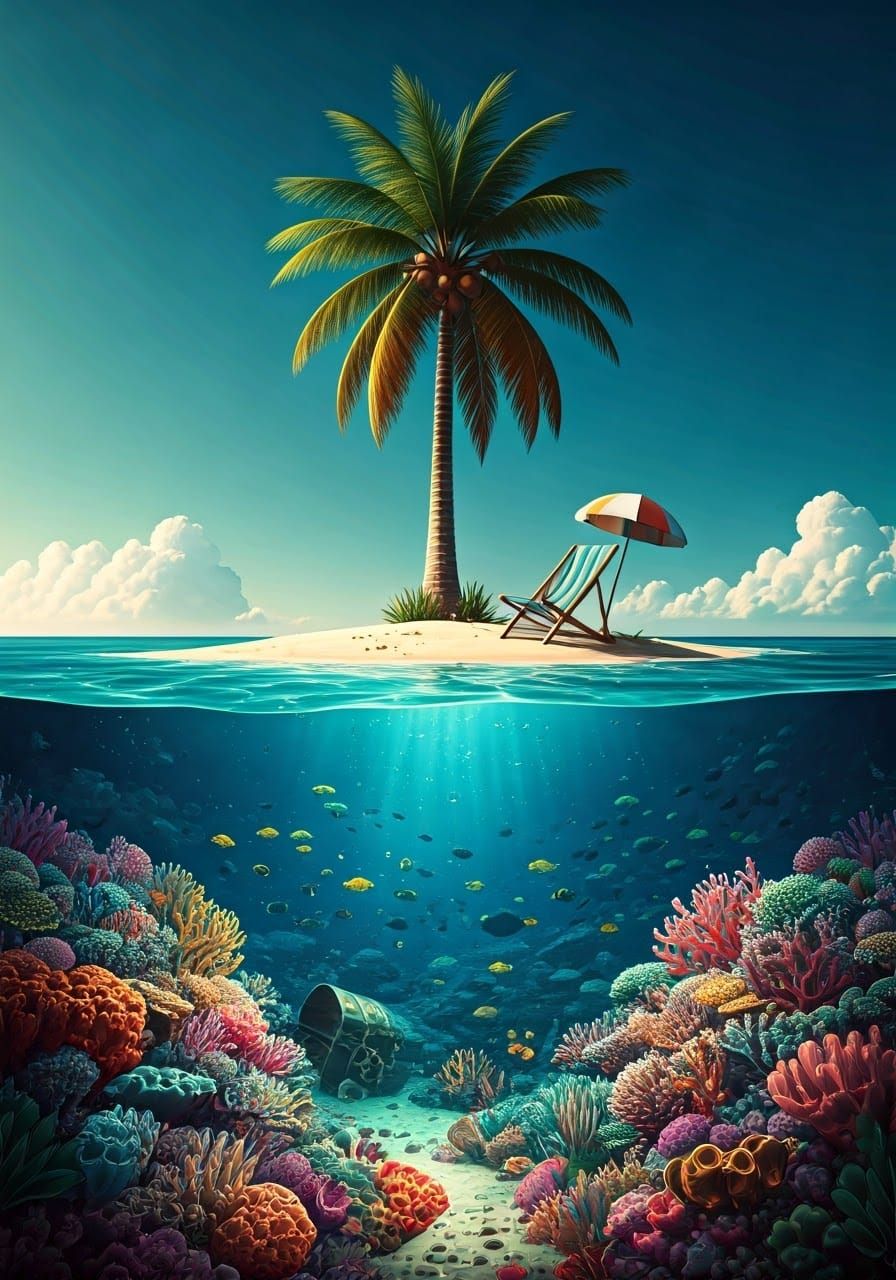 Underwater Beach Scene in Vibrant Surreal Style