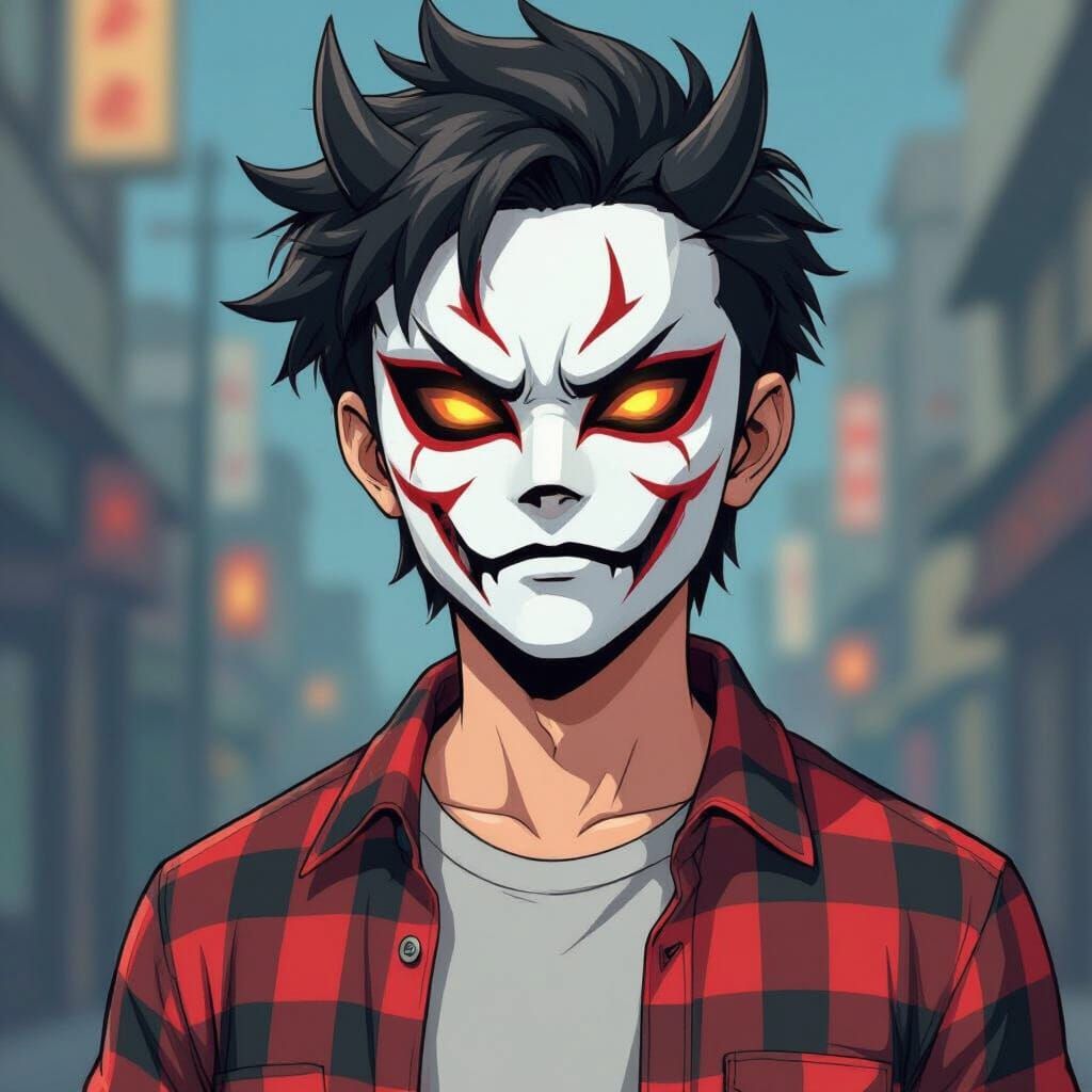 Anime Style Young Man with Oni Mask and Plaid Shirt