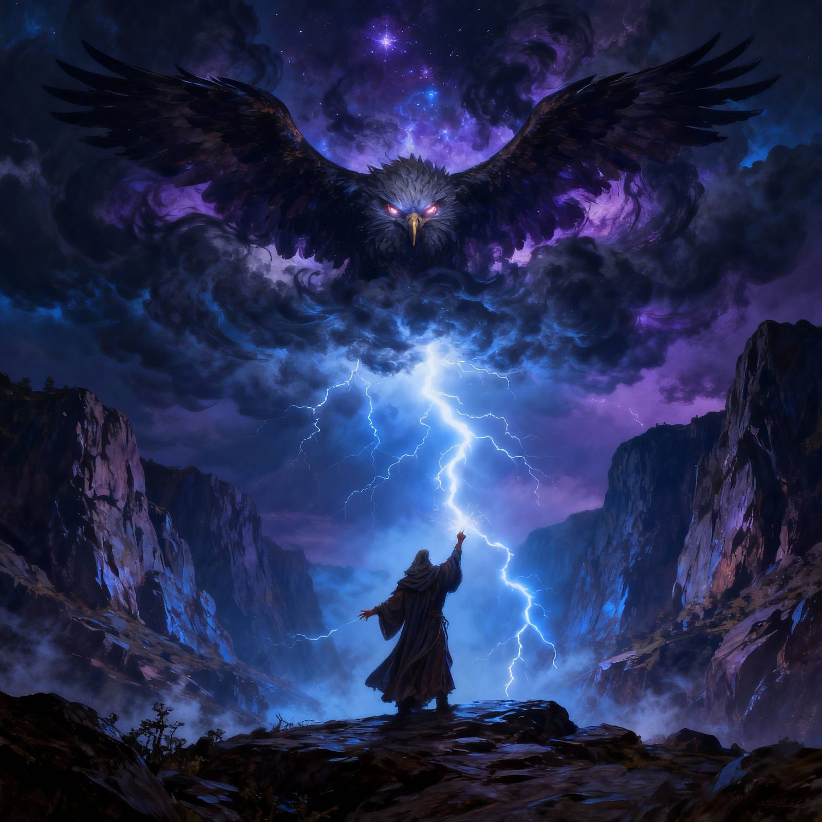 Wizard Summons Eagle Storm in Dark Fantasy Style