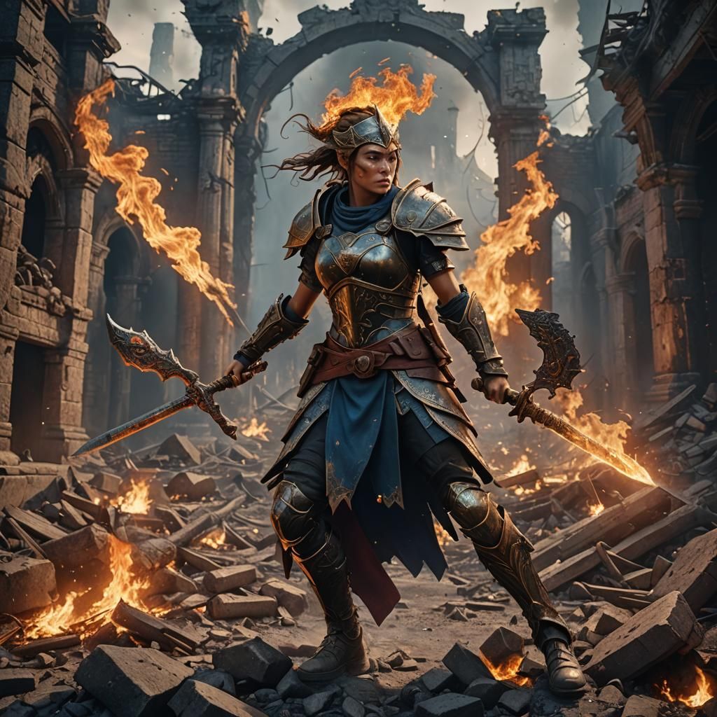 Warrior Woman Fighting Fire in Fantasy Art Style