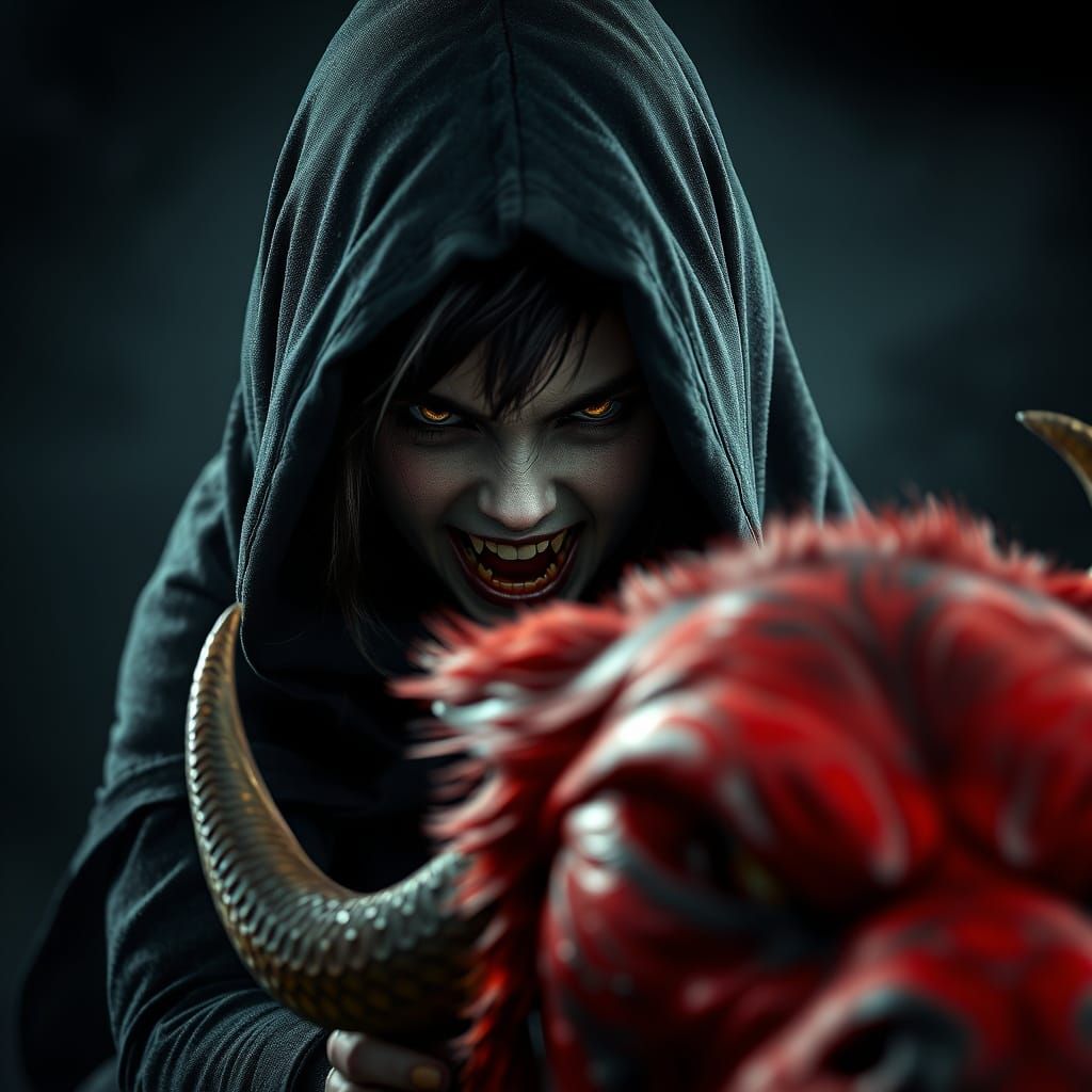 Creepy Horror Portrait of Girl on Red Hellhound