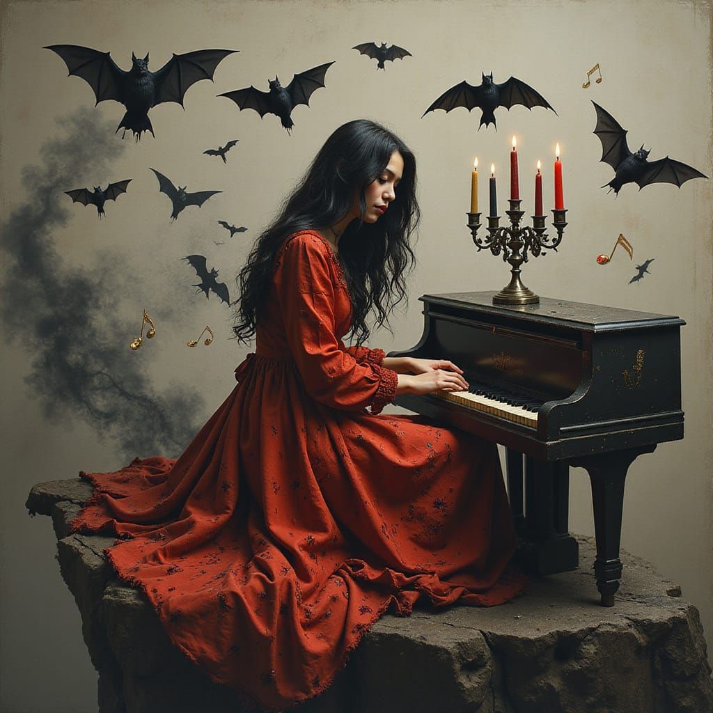 Eerie Dream: Woman in Red Dress at Abyss