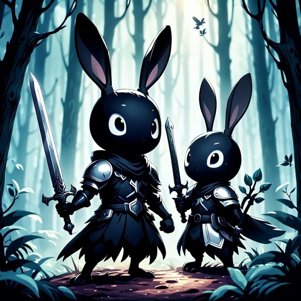 Black Bunnies with Sword in Hollow Knight Style