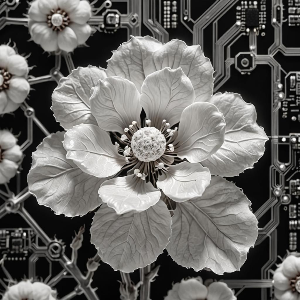 Electronic Circuit Cotton Flower Hologram in Monochrome