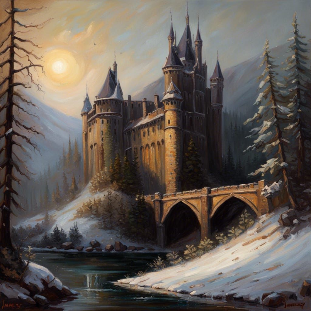 Gothic Castle by River in Sunlight, Dark Fantasy