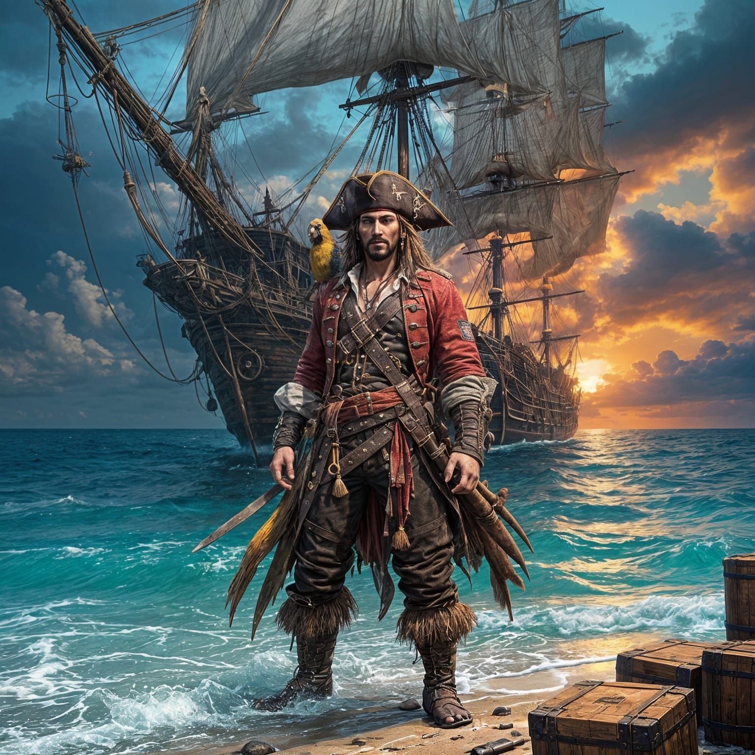 Pirate Standing in Ocean with Barrels and Ship
