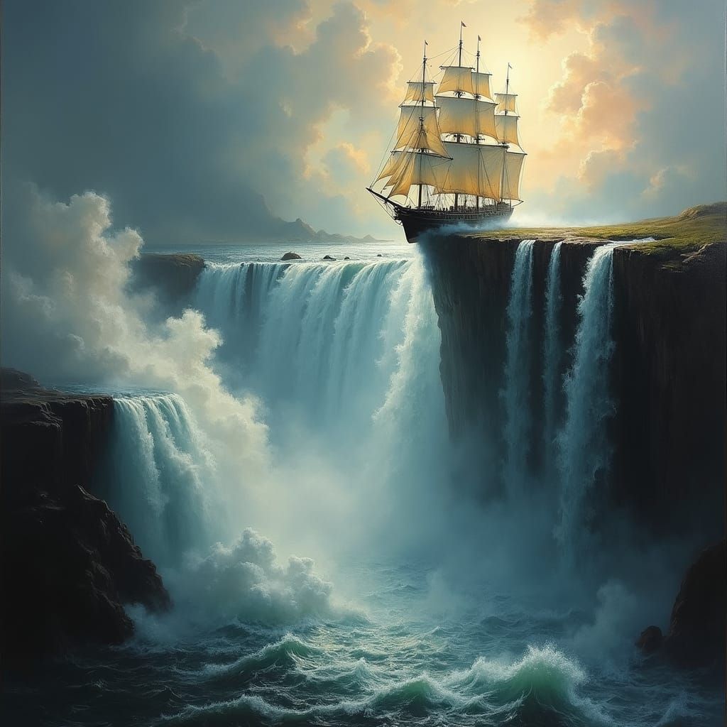 Sailing Ship Over Abyss as Oil Painting