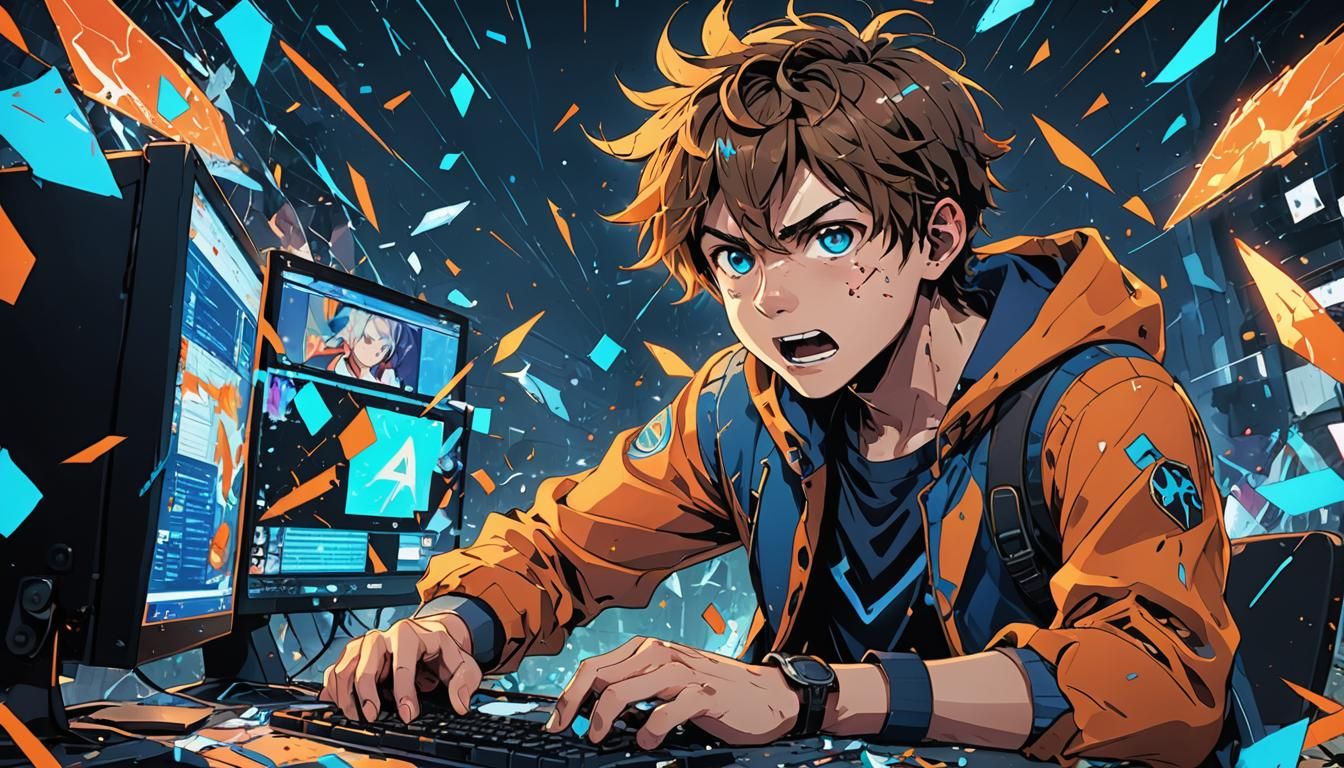 Anime Boy Yelling at Computer in Studio Trigger Style