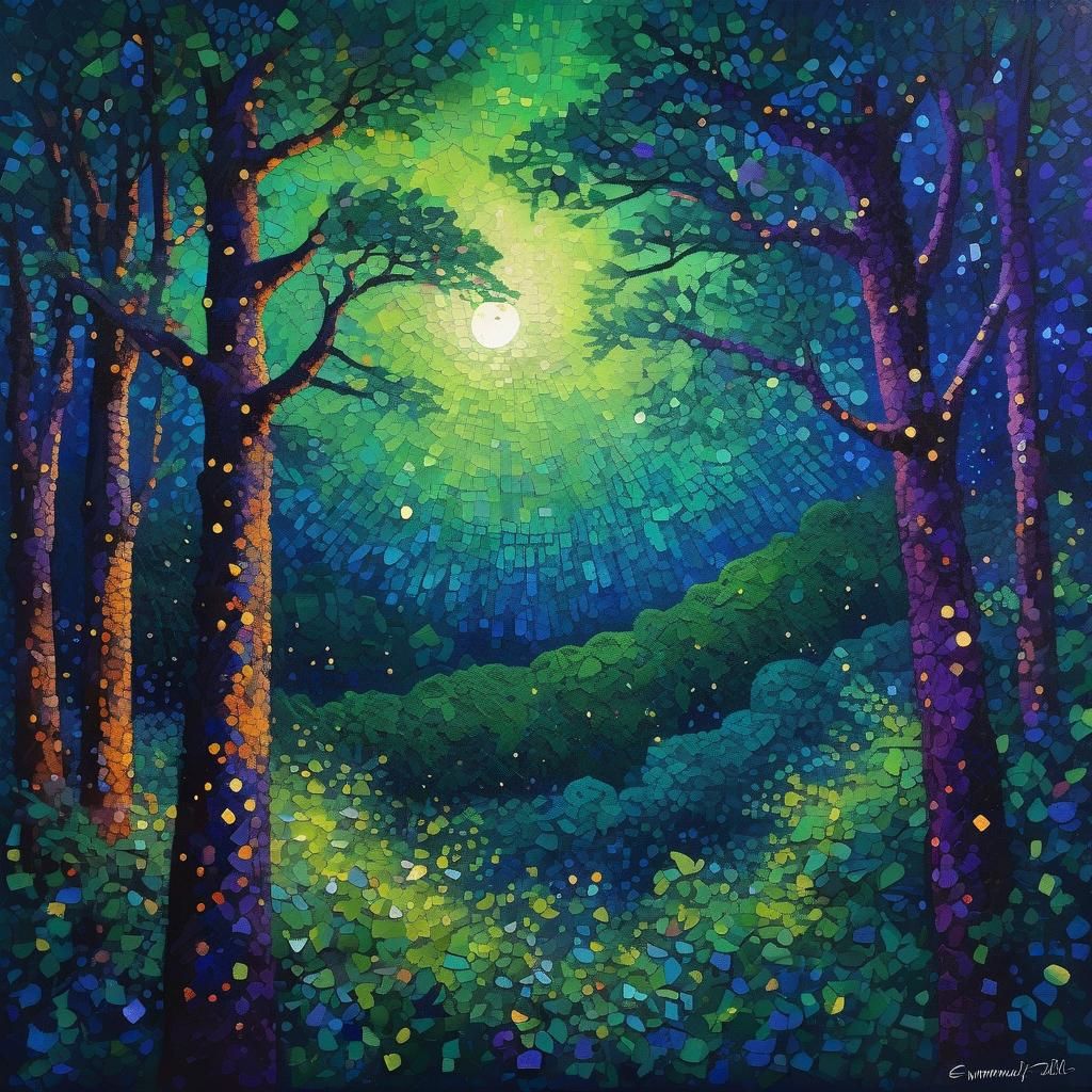 Pointillist Forest Under Starry Sky Painting