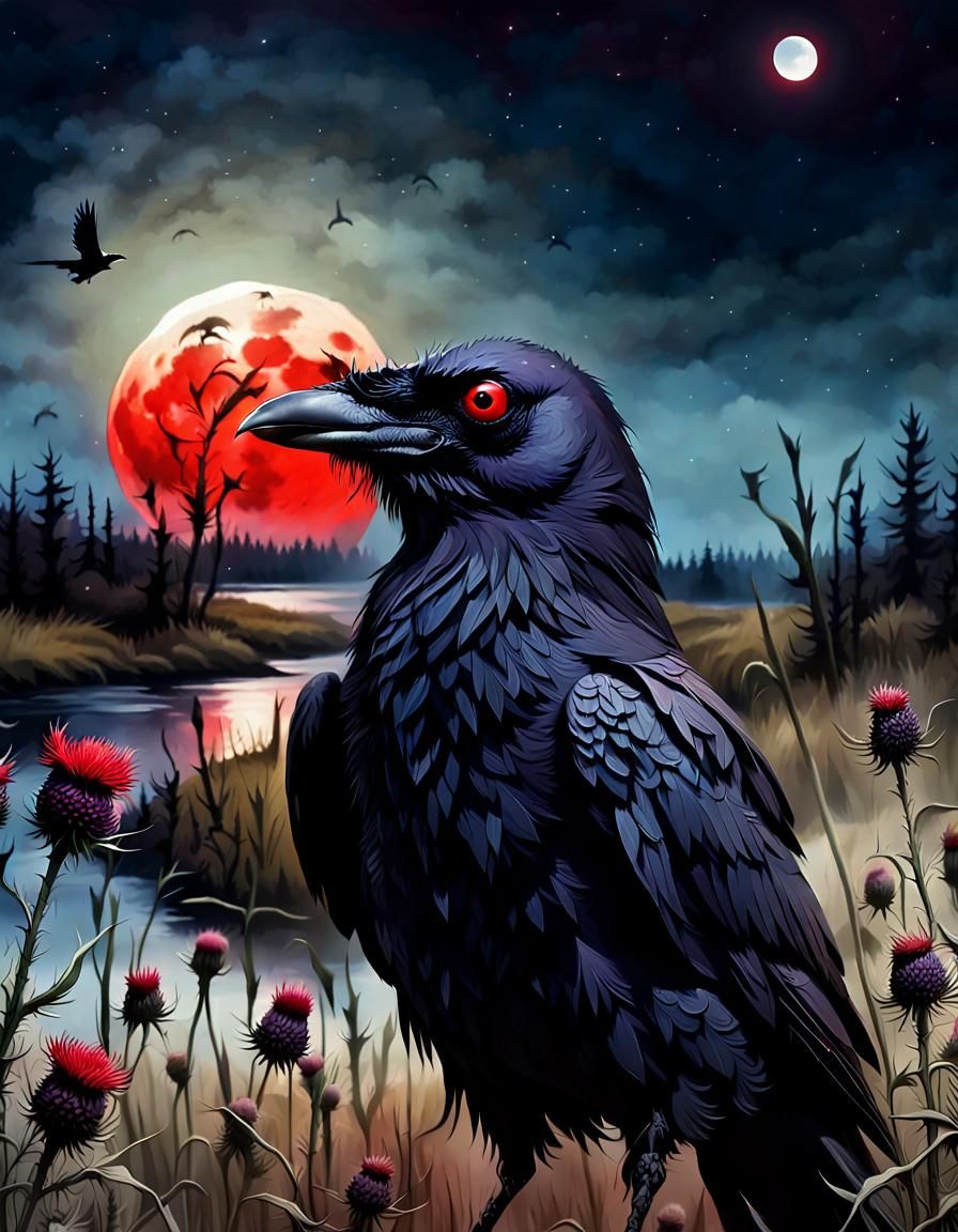 Crow Portrait with Red Moon in Color Print Art Style