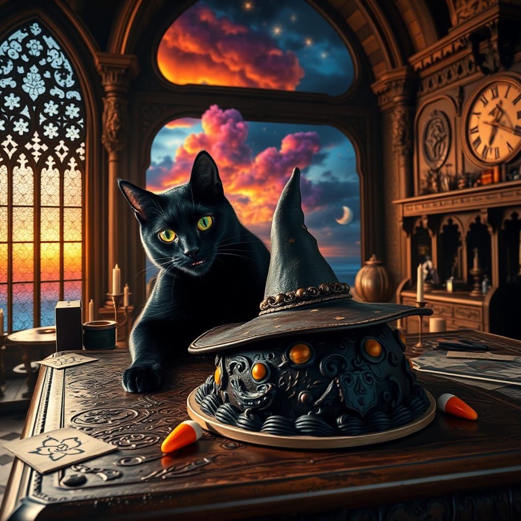 Black Cat Pushes Halloween Cake in Magical Castle