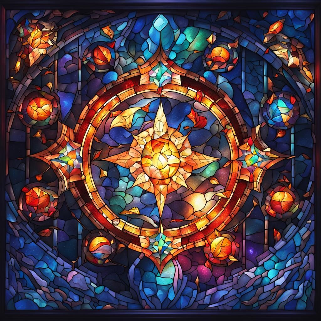 Vibrant Cosmic Stained Glass Scene in Hyperrealistic Detail
