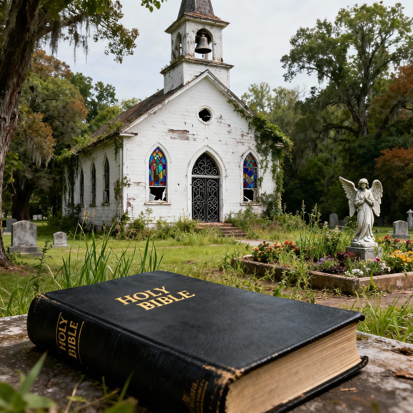 Abandoned White Church with Angel Statue and Bible