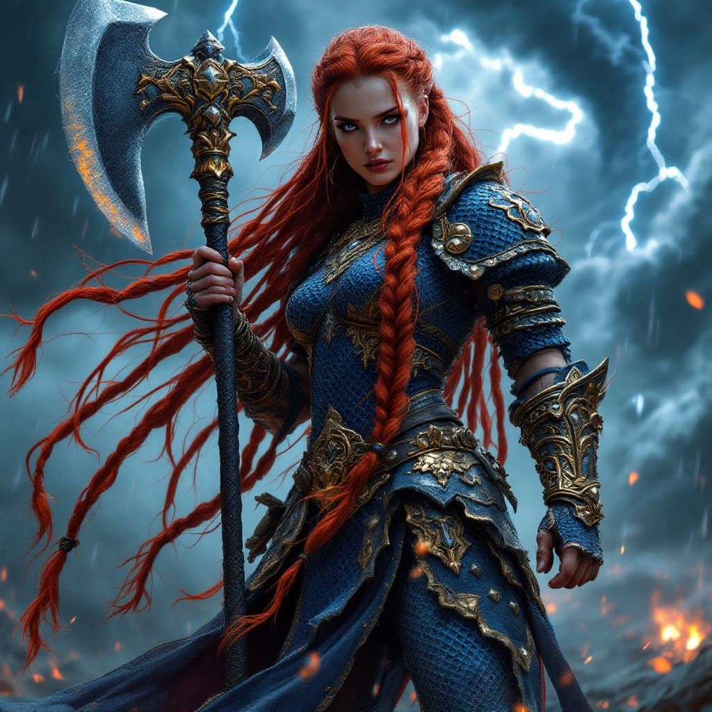 Majestic Barbarian Warrior in Rococo-Blue Armor, Braided Red...